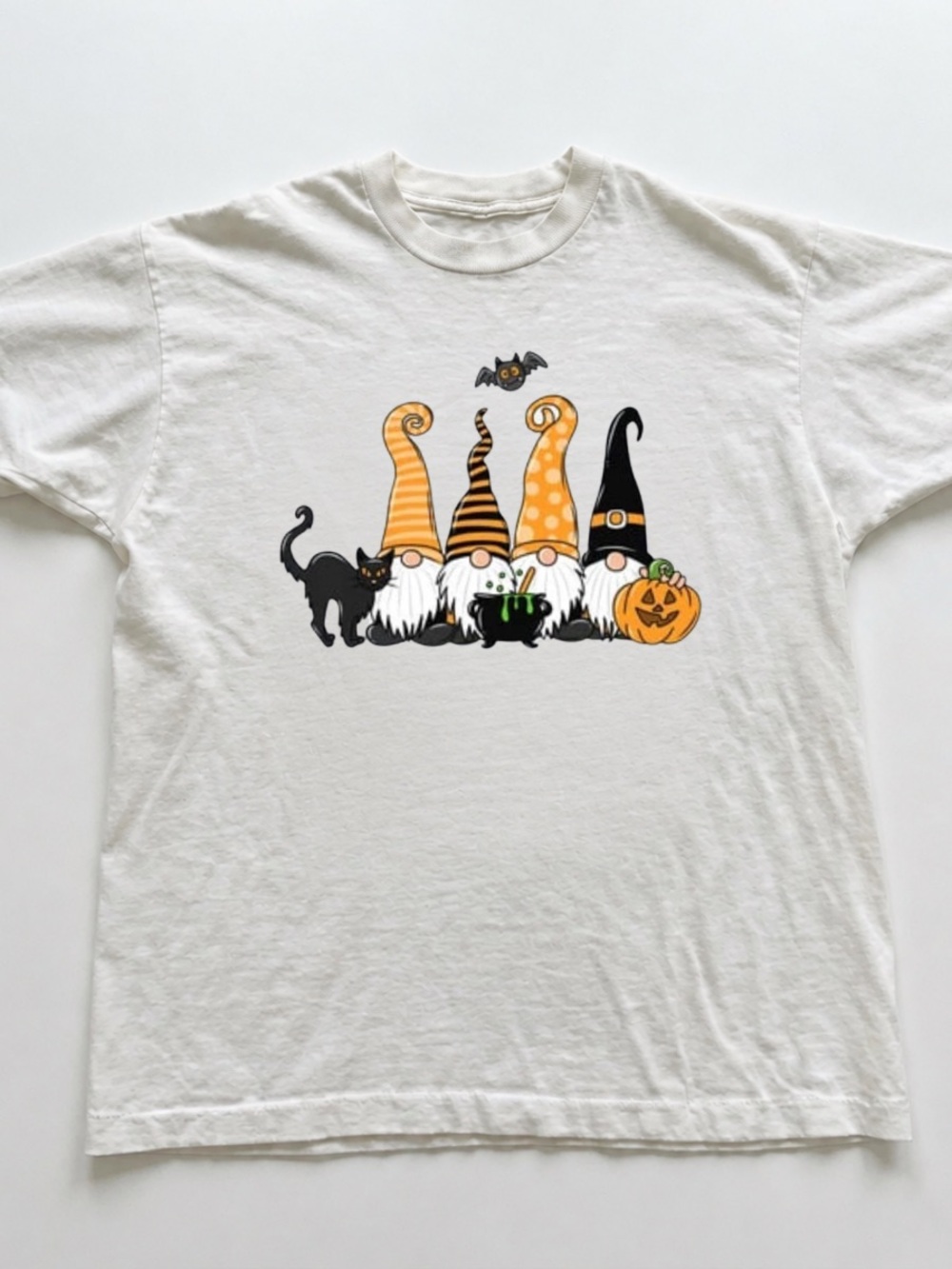White Tee with Halloween Gnome Trio Graphic